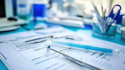 Medical Workspace with Documents, Pens, and Laboratory Equipment