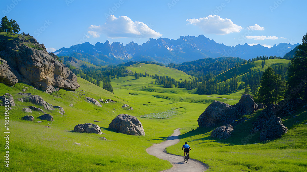 Poster scenic landscape with a hiker on a path surrounded by mountains and lush green fields