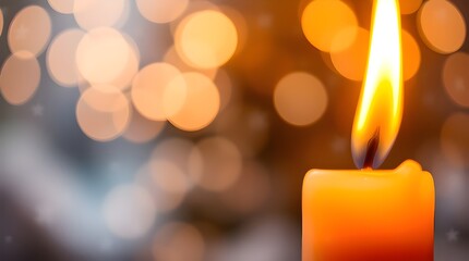 Close-up shot warm candlelight abstract bokeh winter background banner with snowflakes and glitter particles. Focus on flickering flames and warm glow 