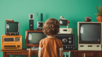 An inspirational scene of a child discovering both old and new technology, symbolizing the evolution of technology and generational learning. Education, technological innovation, intergenerational