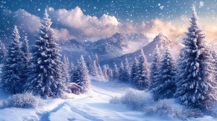 Magical winter wonderland scene snow-covered pine trees, mountains, cabin, sunrise, snowfall.