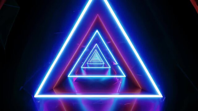 Enter a world of captivating abstract forms as vibrant glowing triangles lead you through an enchanting tunnel of motion and color. Experience the rhythmic dance of light in this stunning journey.