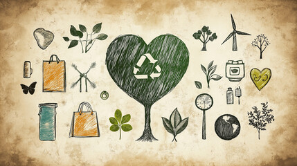 hand drawn illustration of eco-themed icons ,