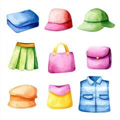 Colorful Watercolor Illustrations of Fashion Accessories and Clothing Items