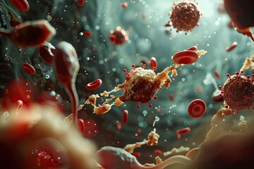 Close-up of a COVID-19 particle breaking into red and white blood cells