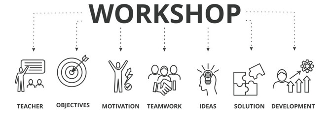 Workshop banner vector illustration concept with icon of teacher, objectives, motivation, teamwork, ideas, solution, and development