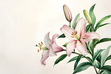 Naklejka premium Elegant Pink Lilies Watercolor Painting