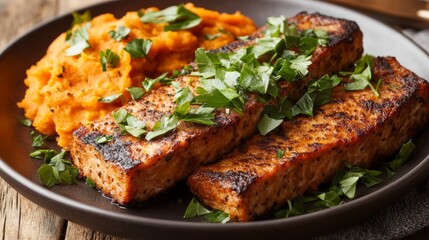 A creative plate of seitan steak garnished with fresh herbs and served with a side of mashed sweet potatoes