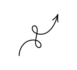 Spiral hand drawn arrow. Curly line doodle black arrow. Funny design infographic element. Spiral spring pointer. Vector illustration isolated on white background.