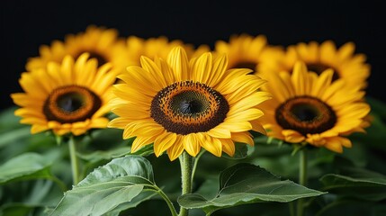 Obraz premium Close-up of five vibrant sunflowers against a dark background.