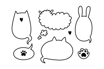 Cat dog rabbit pet speech bubble. Empty cute frames with tails set. Hand drawn sketch doodle line animal frame. Cat, dog paw cute talk speech bubble. Vector illustrations isolated on white background.