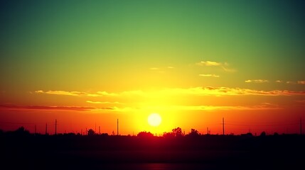 Obraz premium Vibrant Sunset Over Silhouetted Town Landscape
