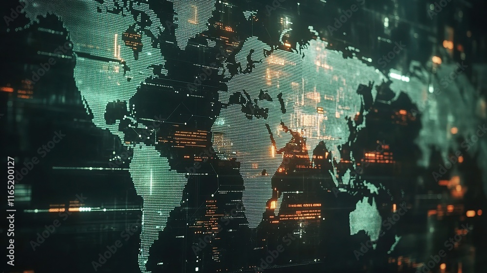 Poster high-tech business background featuring world map with data visualization