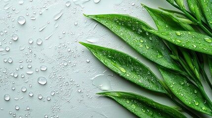 Obraz premium Fresh green leaves with water droplets on a light gray background.