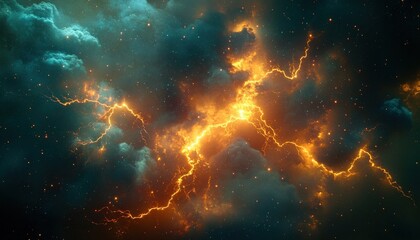 Fototapeta premium Cosmic Lightning Storm Fiery Plasma Arcs Across Nebula Cloudscape