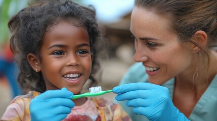 Dentist teaches girl to brush teeth.