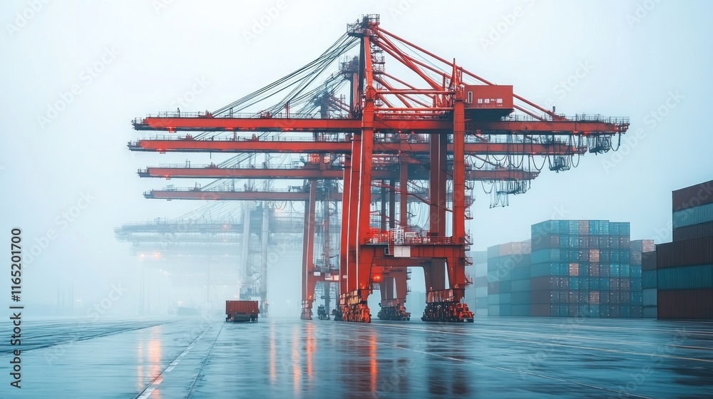 Aufkleber rainy day at a container port with large red cranes and cargo containers.