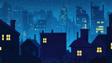 Nighttime city skyline with illuminated windows and starry sky.