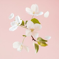 Fototapeta premium 3 apple blossoms falling through the air, against a pink spring background