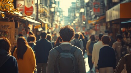 Fototapeta premium Man with backpack walking in crowded Asian street.