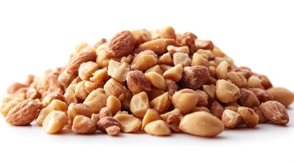 Close-up of a pile of chopped peanuts and almonds on white background.