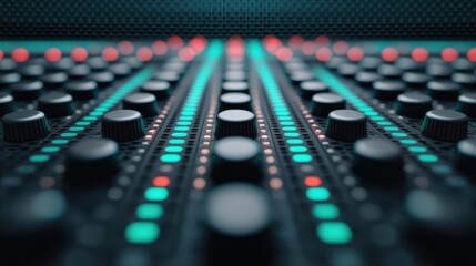 Noise abstract background idea. Close-up of a sound mixing console with illuminated buttons and knobs.