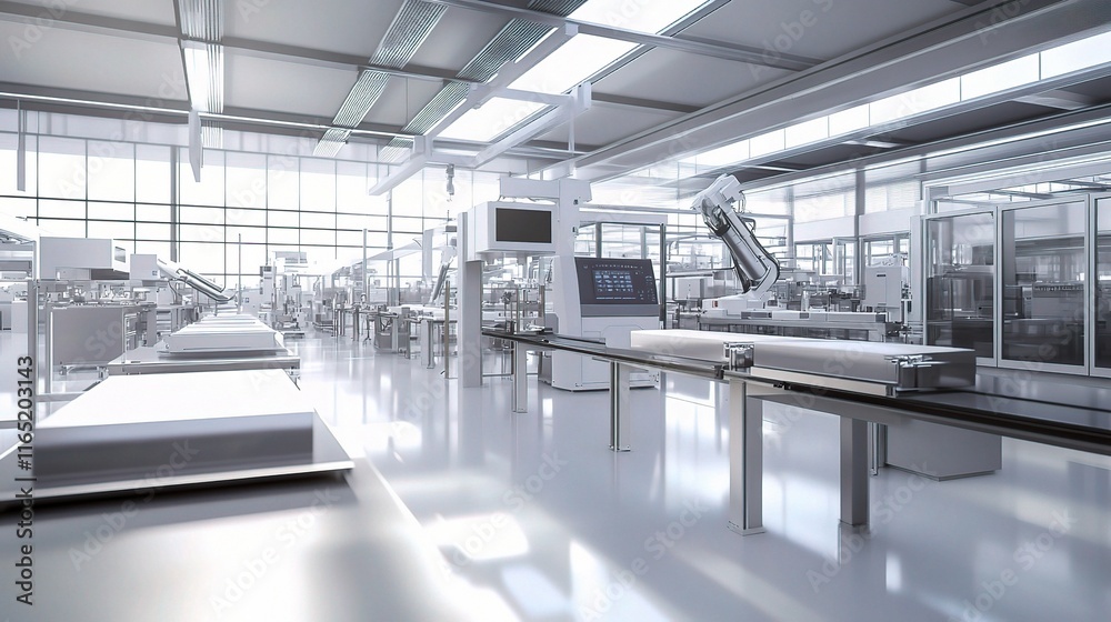 Poster advanced technology in modern factory assembly line with robots