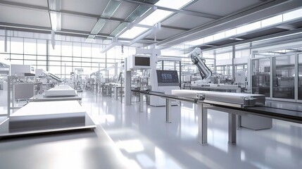 Fototapeta premium Advanced Technology in Modern Factory Assembly Line with Robots