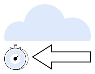 Stopwatch and large backward arrow under a soft blue cloud. Ideal for time management, data backup, storage recovery, cloud computing, scheduling, process optimization, abstract line flat metaphor