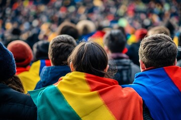 Pride Crowd: Backs of People Wrapped in Rainbow Flags at a Rally