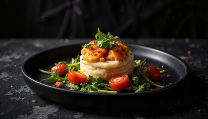 Gourmet bao bun dish with cherry tomatoes and arugula on a black plate