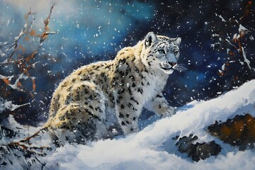 Fototapeta premium Majestic Snow Leopard in Winter Wonderland