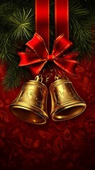 Golden Christmas bells shiny metallic red ribbon