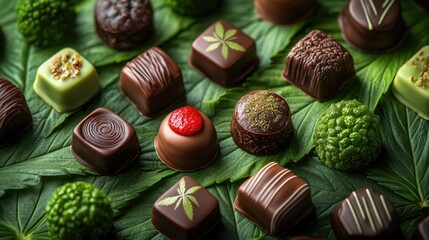 Cannabis-infused chocolates resting on vibrant green leaves