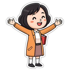 The Cute Korean Lady Teacher S Upper Body Is Teaching The People With Open Arms Black Hair Simple Sticker 