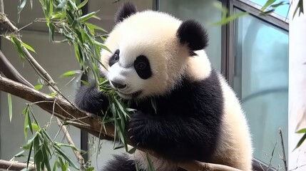 Panda munching on bamboo while perched on a branch in a zoo habitat during the day