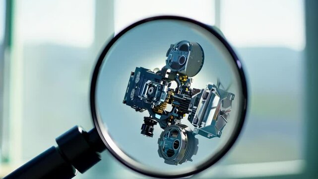A curious observer examines a small cyborg model with a magnifying glass.