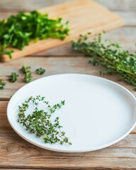 Preparing fresh thyme on a white plate kitchen food natural light close-up culinary art