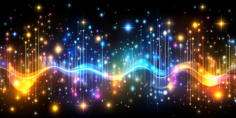 Obraz premium Vibrant Lightwave Symphony, A Colorful Wave Dances with Sparkling Lights Across a Dark Canvas, Creating a Mesmerizing Visual Spectacle.