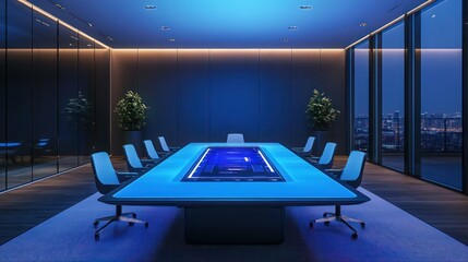 A contemporary boardroom with monochromatic tones, a dynamic digital table, and subtle lighting accents