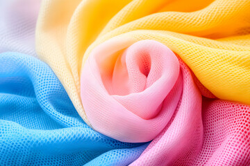 Pastel Rainbow Mesh Fabric Swirls, Soft Texture, Colorful Drape, Elegant Design, Summer Fashion
