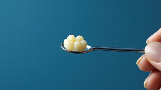 Hand Holding Spoon with Creamy Texture Against Blue Background