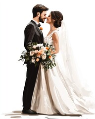Romantic portrait of a bride and groom embracing, she holds a bouquet.