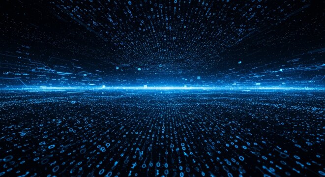 Futuristic digital landscape with binary code and dazzling horizon
