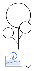 Abstract tree with three circular nodes branching out, simplified graph highlighting data peaks below, and downward arrow. Ideal for analytics, growth, sustainability, research, organization, data
