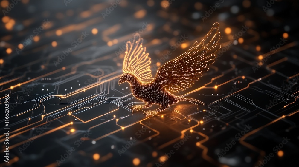 Poster Futuristic Digital Representation of a Bird Soaring Above a Circuit Board Background with Glowing Elements and an Abstract Tech Aesthetic