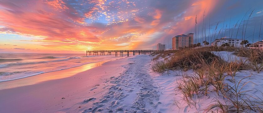Serene sunrise over Pensacola beach, Florida with soft pink and orange sky reflecting on calm ocean waves