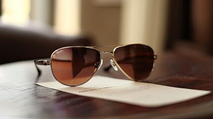 Stylish Sunglasses Resting on a Wooden Table with Document Nearby