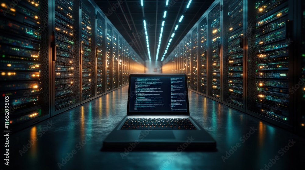 Poster A Glowing Laptop with Code on Screen Surrounded by Rows of Data Servers in a High-Tech Server Room, Showcasing Advanced Technology and Connectivity