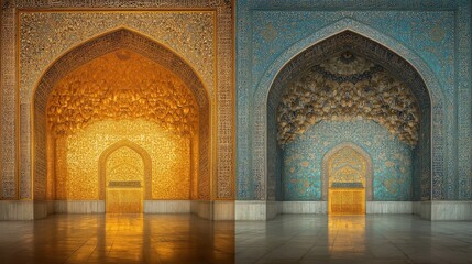 Intricate Architectural Details of a Beautifully Crafted Hall Featuring Golden and Blue Mosaics with Elaborate Patterns and Archways